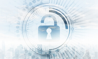 Cybersecurity mixed media with virtual padlock