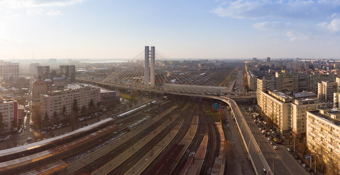 Aerial view of Basarab Bridge in Bucharest, Romania