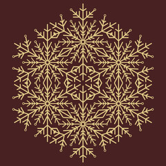 Round vector snowflake. Abstract winter golden ornament. Golden round snowflake
