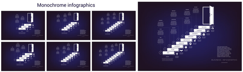 Fototapeta premium Steps leading to the doorway. Monochrome templates infographics for use in banners, technological processes, diagrams, web design, timeline, area chart,number options