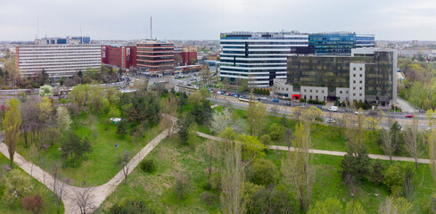 Aerial view of Politehnica Campus and nearby buildings in Bucharest, Romania