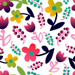 Floral seamless pattern. Hand drawn flowers and leaves. Vector background.