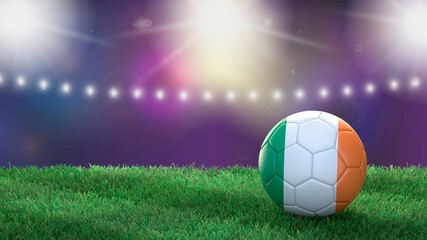 Naklejka premium Soccer ball in flag colors on a bright blurred stadium background. Ireland. 3D image