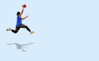 Asian basketball players jumping on colored background