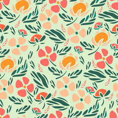 Floral seamless pattern. Hand drawn flowers and leaves. Vector background.