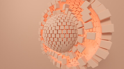 3D Illustration of transforming sphere composed of cubes.
