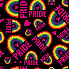 A vector seamless pattern of the words pride. Pride lesbian, gay, bisexual transgender, heart, rainbow on a black background. Symbol of the LGBT community. For fabric, wallpaper, wrapping, websites.