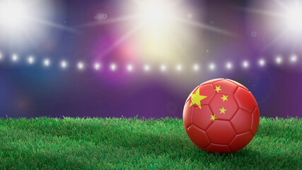 Fototapeta premium Soccer ball in flag colors on a bright blurred stadium background. China. 3D image