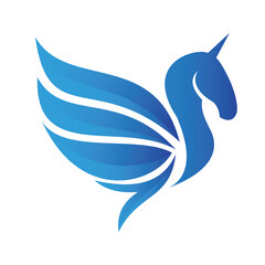 Unicorn logo template. Blue Pegasus logo symbol isolated on white background