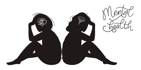 Mental health concept. Sad womans silhouette with depression sitting on the floor. Colorful vector illustration in flat cartoon style