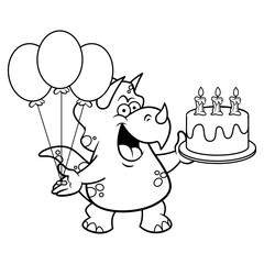 Black and white illustration of Triceratops carrying birthday cake and Balloon, best for coloring book of children
