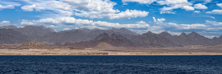 coast of the red sea with the Sinai mountains in Egypt. Red sea Sinai mountains sea panoramic...