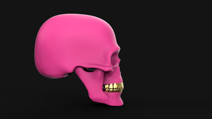 Skull in profile isolated on a black background. 3d rendering pink skull with gold teeth