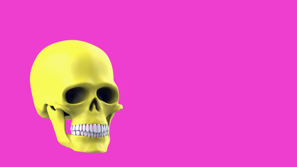 3d rendering yellow skull on pink background. Pop art style
