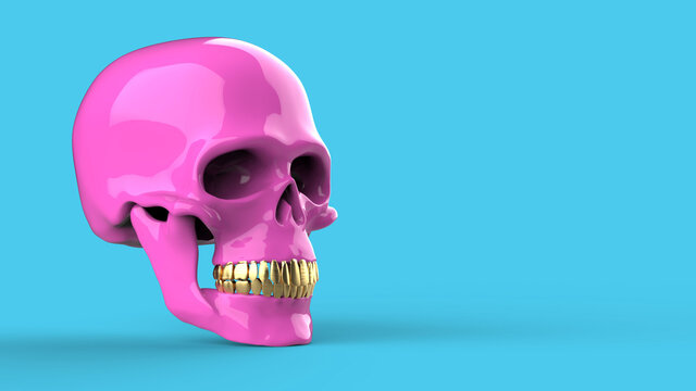 Pink skull with gold teeth. 3d rendering pink skull on blue background. Pop art style