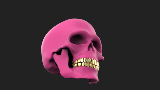 Pink skull with gold teeth. 3d rendering pink skull on black background