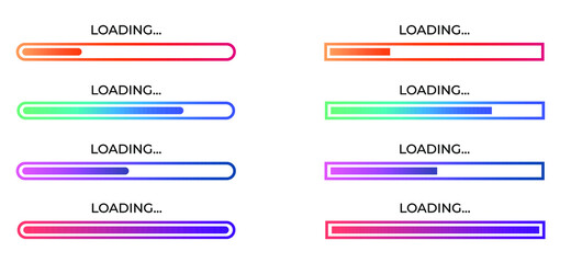 Fototapeta premium Loading vector bar set on white background. Color gradient lines. Loading status collection. Web design elements on black background. 