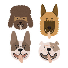 Cute dog breeds collection set vector. Poodle, german shepherd, english and french bulldog portraits. Hand drawn flat funny doggy faces with tongue out. Cartoon smiling pet animal print illustration