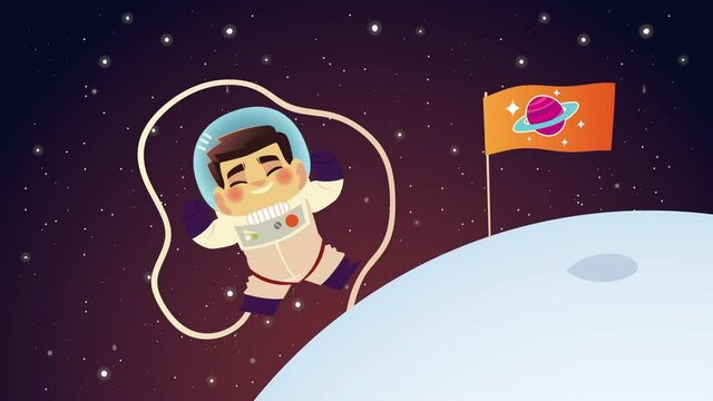cute astronaut with saturn flag in planet character