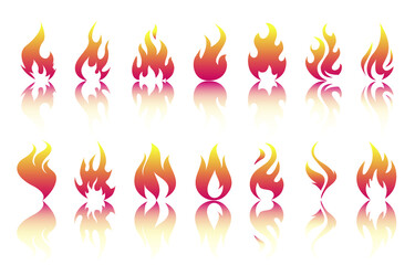Set of red and orange fire flame. Collection of hot flaming element. Vector flame illustration. Vector