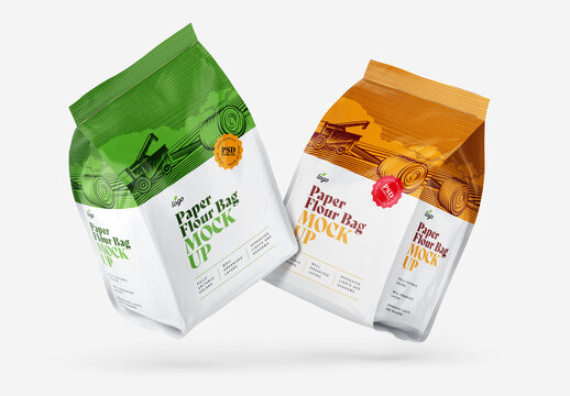 Paper Flour Bags Mockup, Pouch Packaging
