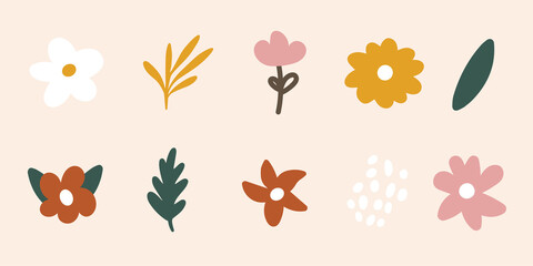 Fototapeta premium Set of modern spring doodle vector flower. Cute abstract floral illustration isolated on pink background. Art summer nature graphic design elements. Decoration garden hand drawn icons