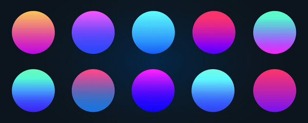 Rounded holographic gradient sphere button. Multicolor green purple yellow orange pink cyan fluid circle gradients, colorful soft round buttons or vivid color spheres flat vector set