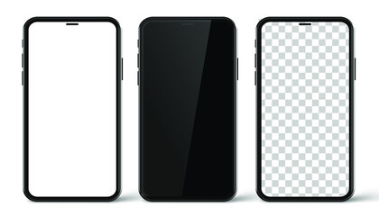 Three realistic smartphone mockup set. Mobile phone blank, white, transparent screen design on white background. Vector illustration