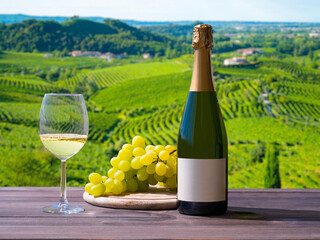 Italian white wine with bottle mockup and glass, white wine glass and bottle of prosecco with grapes
