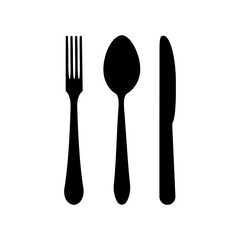Fork, spoon, knife in black on a white background.