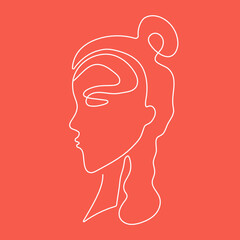 Woman, girl drawing by one line. Red and white image. Vector illustration in line art style. Isolated background.