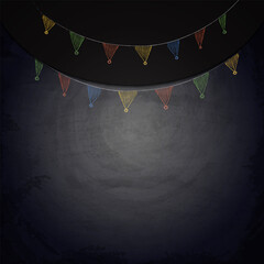 Chalkboard blackboard background for design with hand drawn bunting garland flags.