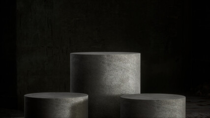 Concrete pedestal for product show in dark room. 3d rendering.