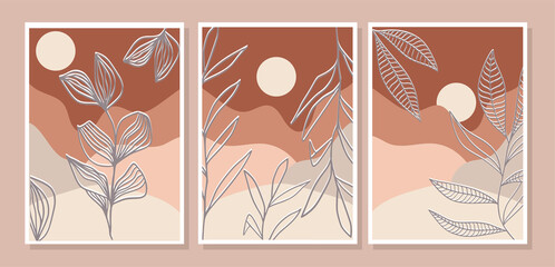 Botanical pastel abstract natural and minimal wall art set. Abstract Plant Art design for print, cover, wallpaper and stories. Vector illustration.