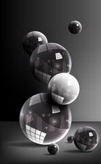 Falling glossy balls. Abstract vector illustration of a set of glossy falling balls on a dark background. A blank for creativity.