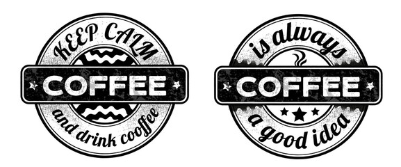 black scuffed prints with coffee lettering are always a good idea, and keep calm and drink coffee. Inscriptions about coffee, popular phrases for printing or in digital format. stamp isolated