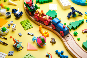 Set of different children's toys, wooden railroad
