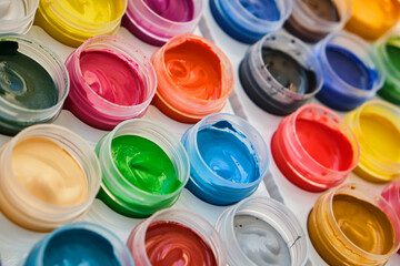 Closeup of messy, used water-color paint-box and paint brush.
