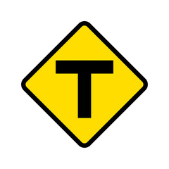 T junction ahead traffic road sign, Yellow background.