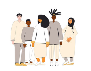 Group of diverse teenagers standing together. Young female and male friends wearing in casual clothes. Boys and girls hugging each other. Vector line illustration.