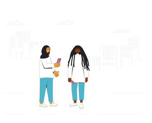 Two teenagers meeting on the street. Young friends standing with phones. Vector color line illustration.
