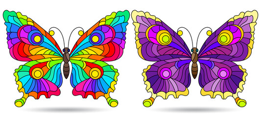 A set of illustrations in a stained glass style with bright butterflies, insects isolated on a white background