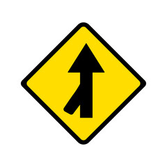 Lanes merging left sign on yellow background.