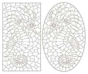 Set of contour illustrations in the style of stained glass with seahorses, dark outlines on a white background