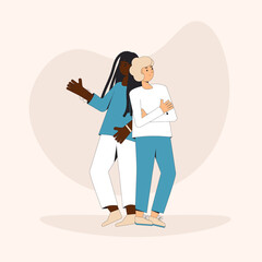 Two teenagers standing together. Young male amd female friends wearing in casual clothes. Pair standing back to back. Vector line illustration.