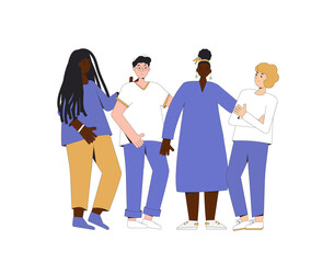 Obraz premium Group of diverse teenagers standing together. Young female and male friends wearing in casual clothes. Boys and girls hugging each other. Vector line illustration.