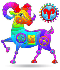 Illustration in the style of a stained glass window with a zodiac sign aries, figure isolated on a white background