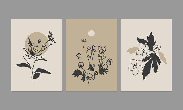 Modern posters with abstract floral illustrations. Great for interior decor, wall art, tote bag, t-shirt print.
