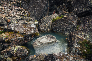 Scenic nature background of turquoise clear water stream among rocks with mosses and lichens. Atmospheric mountain landscape with mossy stones in transparent mountain creek. Beautiful mountain stream.