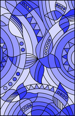 Illustration in stained glass style with abstract  butterflies on a blue background, rectangular image, tone blue